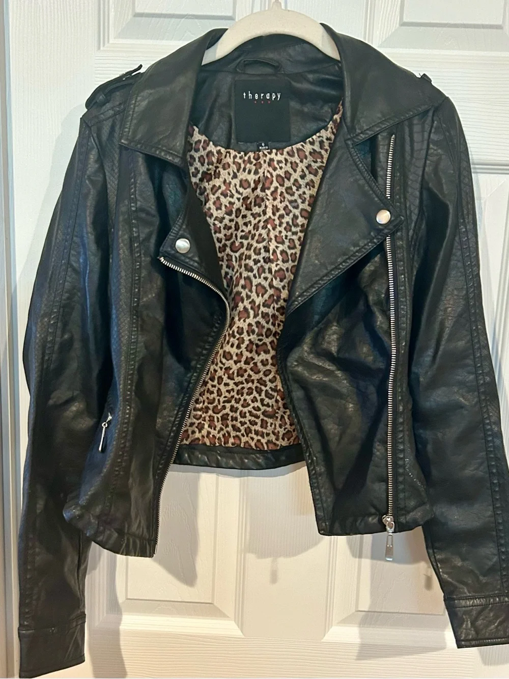 therapy Black Faux Leather Moto Jacket with Leopard Lining